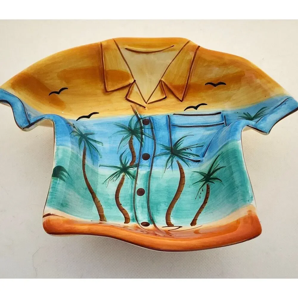 Clay Art Hawaiian Shirt Serving Dish Tropical Palm Tree Ceramic 8.5